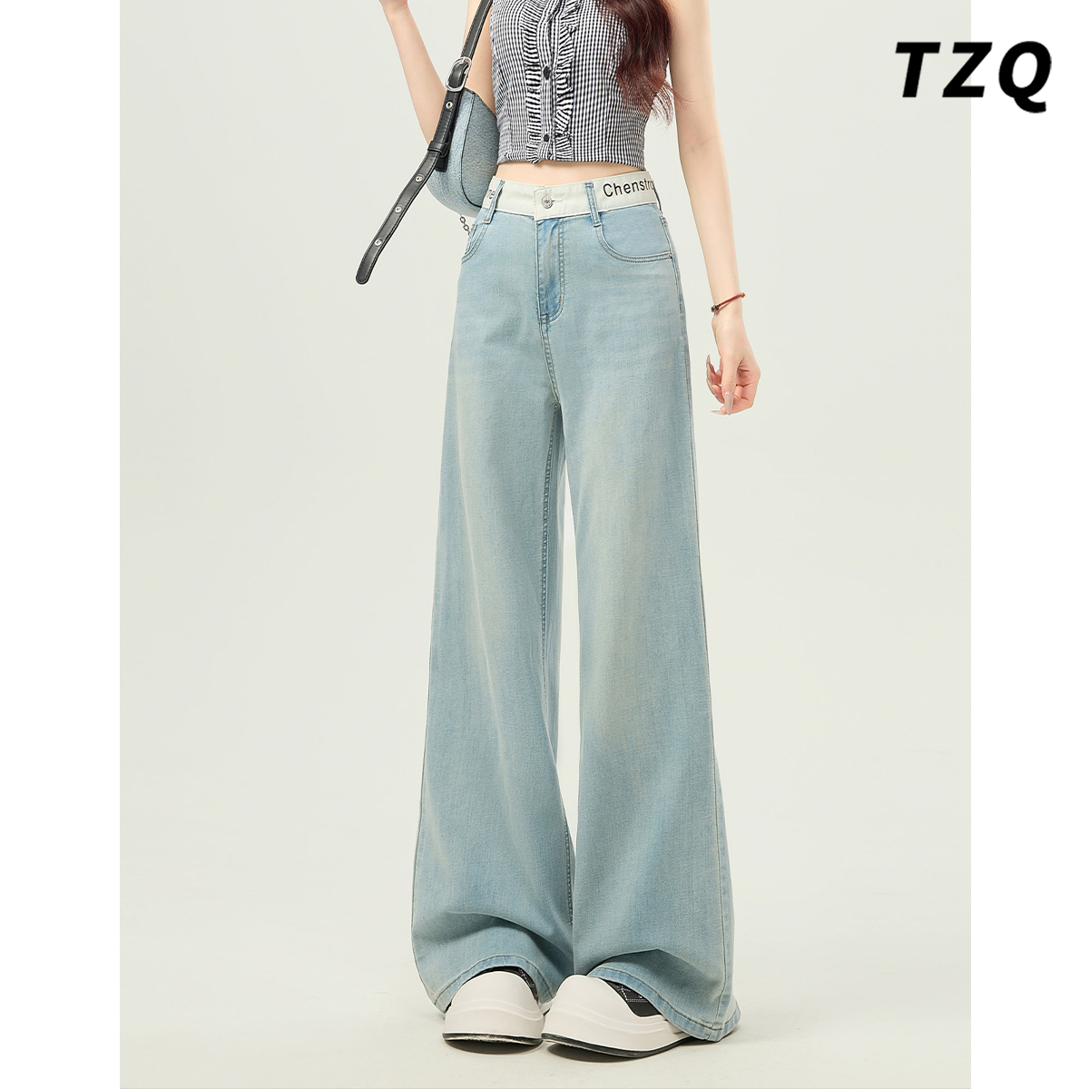浅蓝高腰直筒牛仔裤女2025夏新款宽松休闲垂感拖地裤TZQ2552222