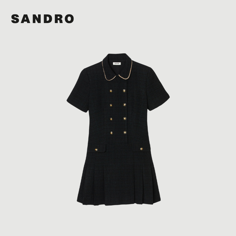 SANDRO2025秋冬新款黑色双排扣珠饰翻领花呢百褶连衣裙SFPRO04594