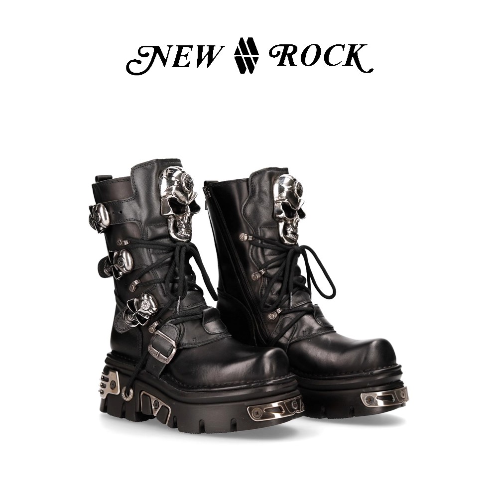 NEWROCK官方正品西班牙手工定制暗黑朋克金属骷髅中筒厚底靴