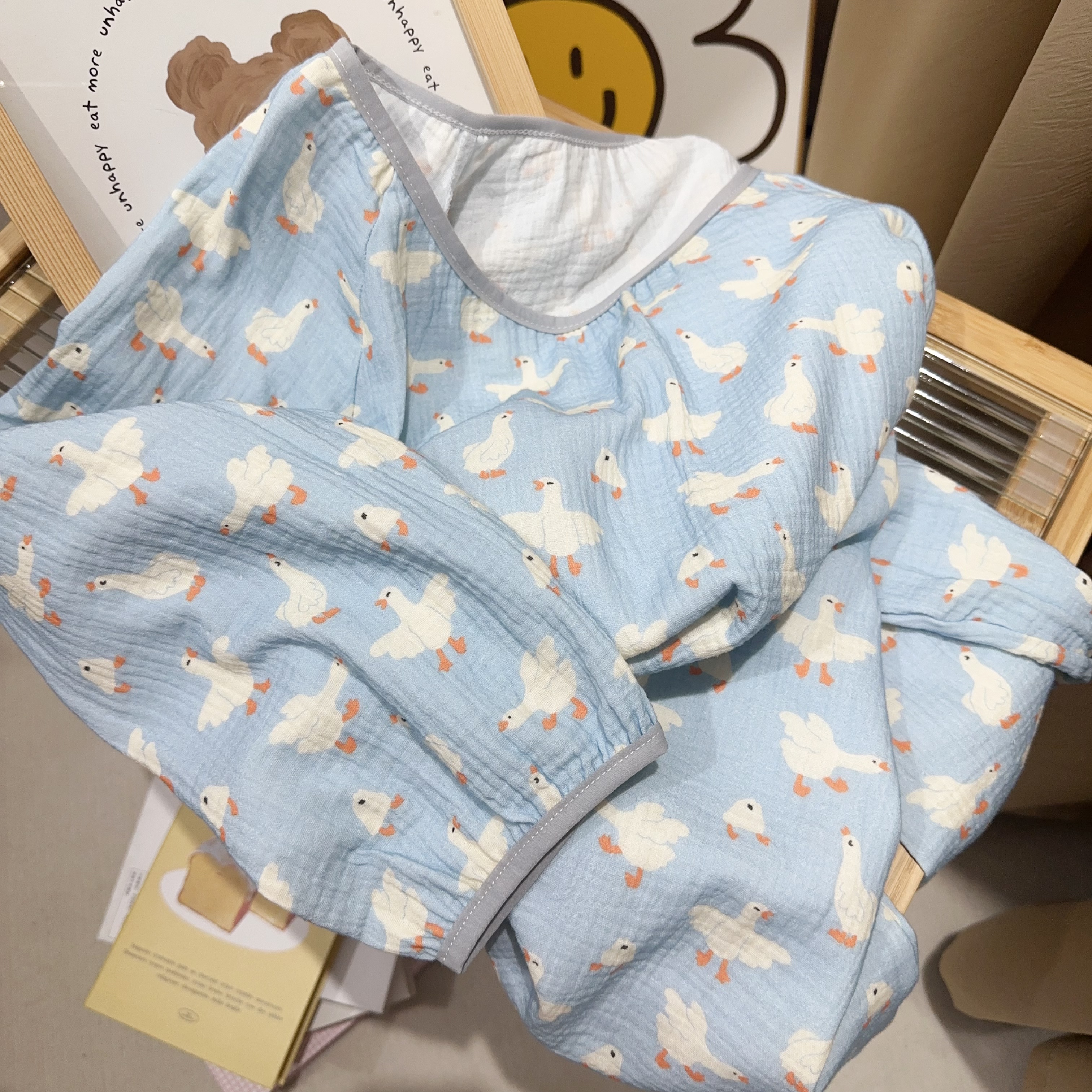 卡通家居服套装女A类纯棉休闲宽松一字领九分袖上衣长裤居家睡衣