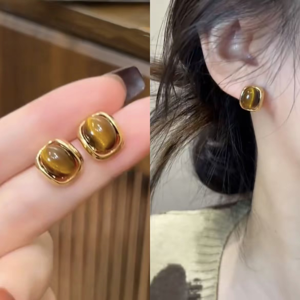 铜合金耳饰 美拉德猫眼耳钉复古轻奢简约高级百搭耳环耳饰