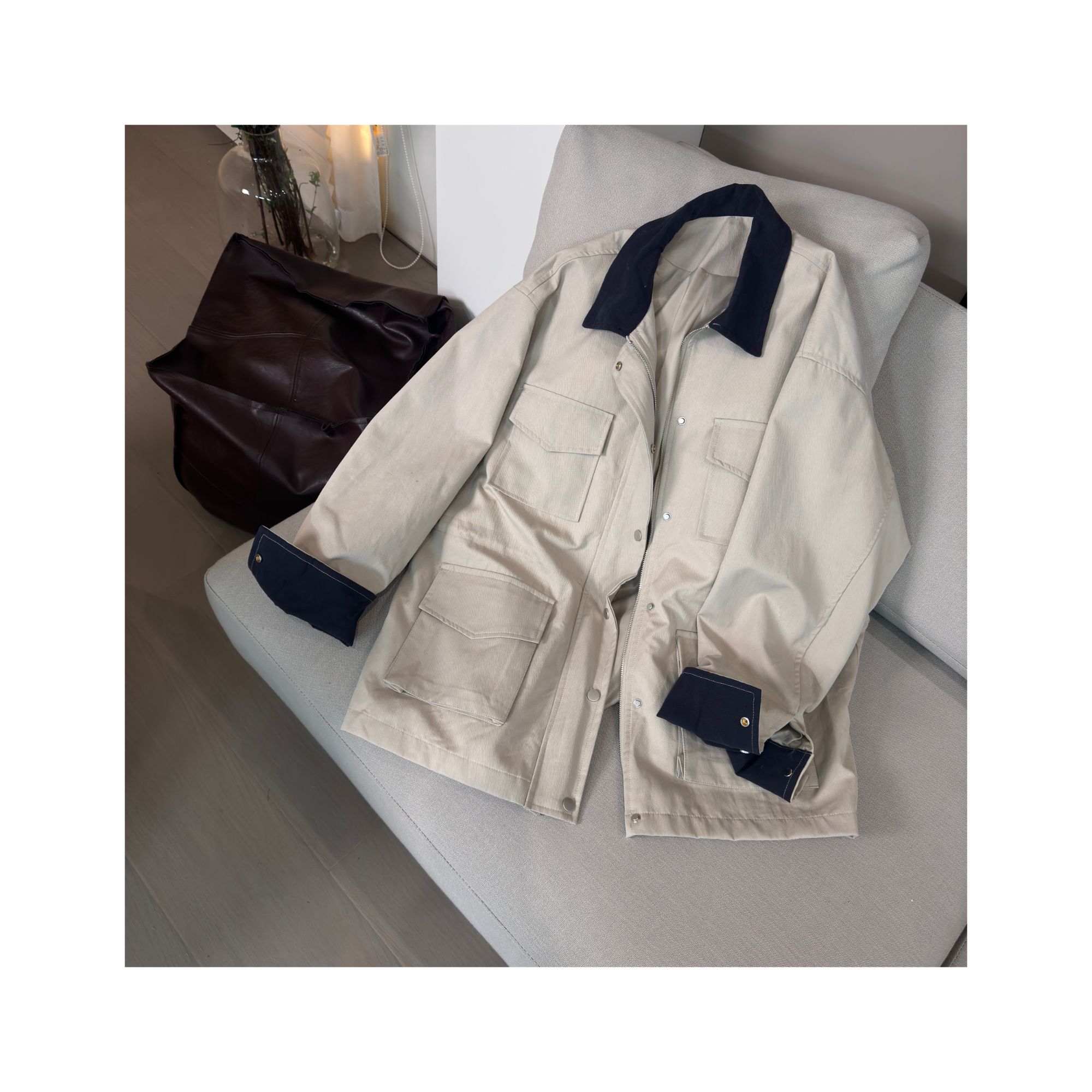 日系小翻领撞色口袋风衣外套