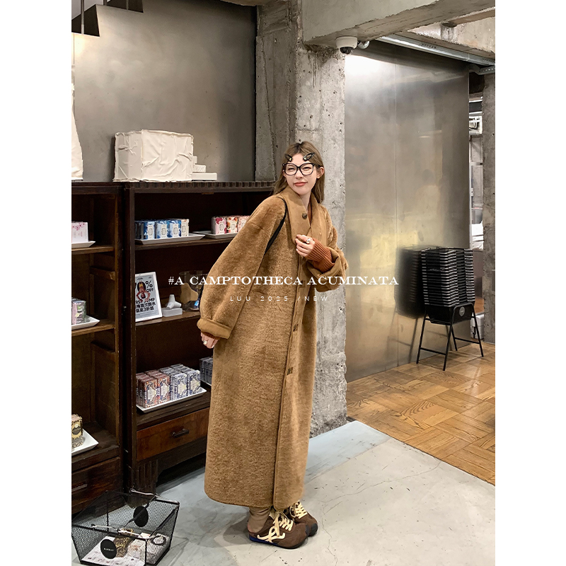 LUU桃喜儿/长款两穿皮毛一体大衣外套女秋冬宽松羊羔毛麂皮设计感