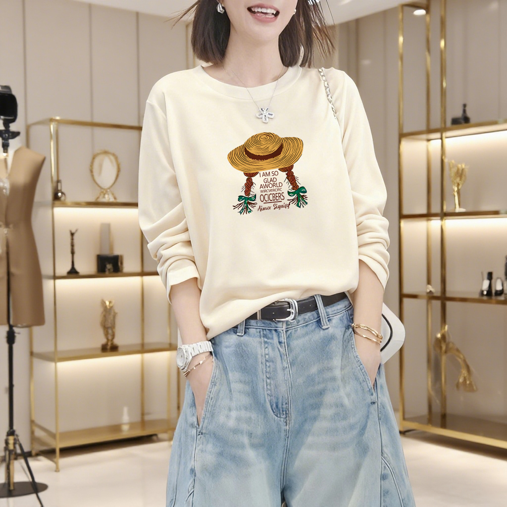 啄木鸟 纯棉白色长袖T恤女士圆领韩版2025新款百搭套头打底衫上衣