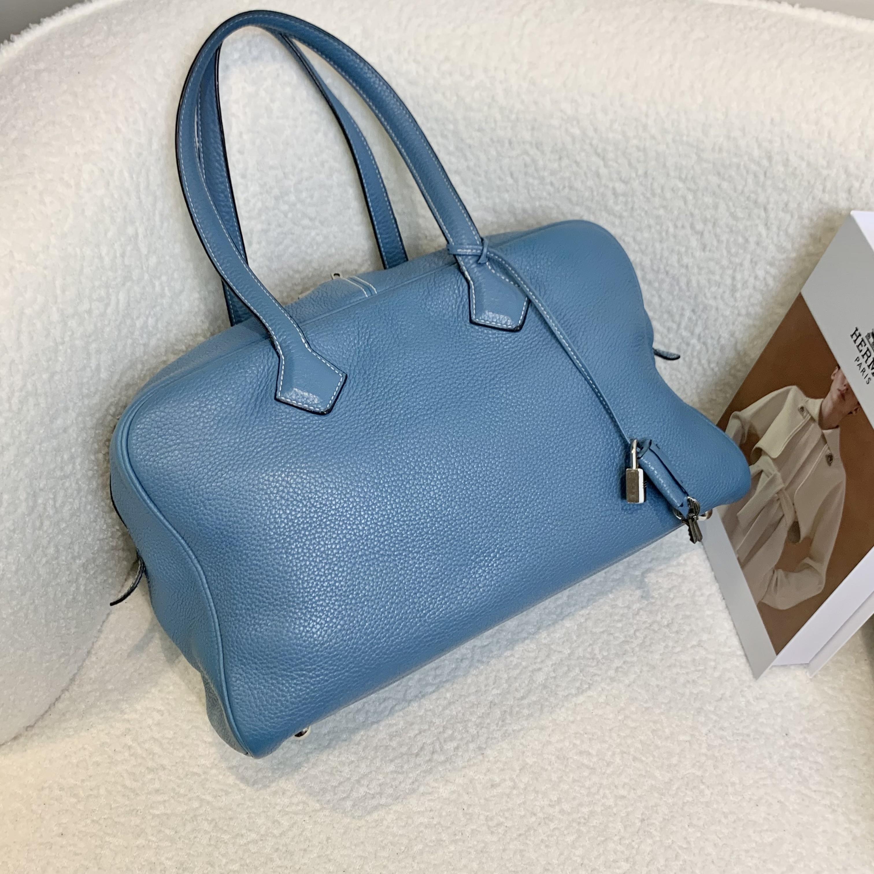 99新 Hermes/爱马仕 壹臻/框R 35牛仔蓝银扣维多利亚包/14187486