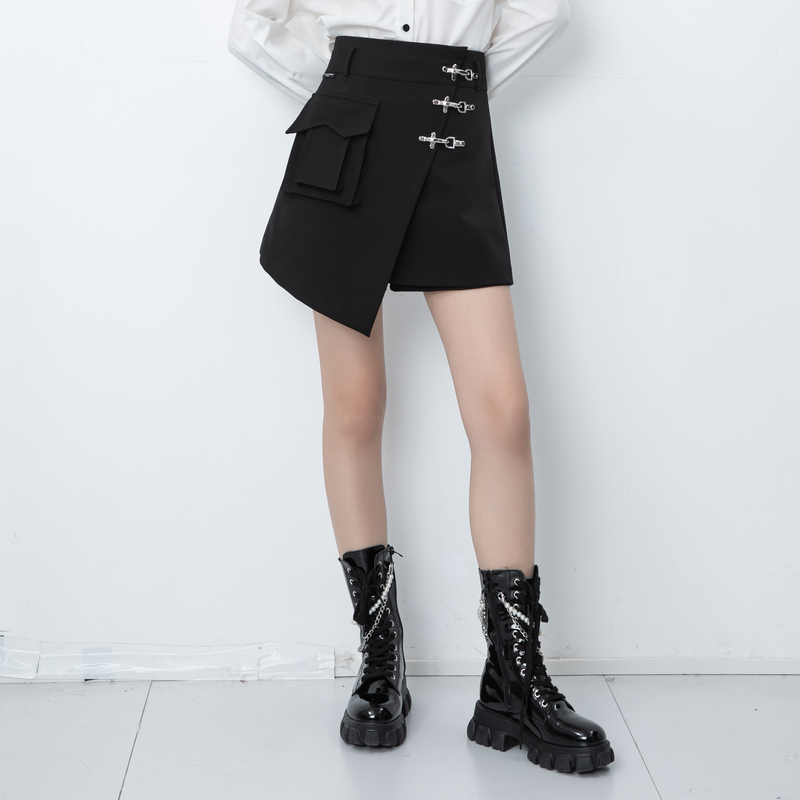 高腰工装立体口袋扣裙裤212130008半身裙短裙黑色半裙秋季不规则
