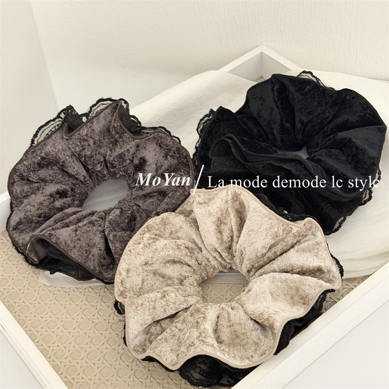 韩系复古毛绒拼网纱小蛮腰大肠发圈高弹力百搭扎头发马尾发绳发饰