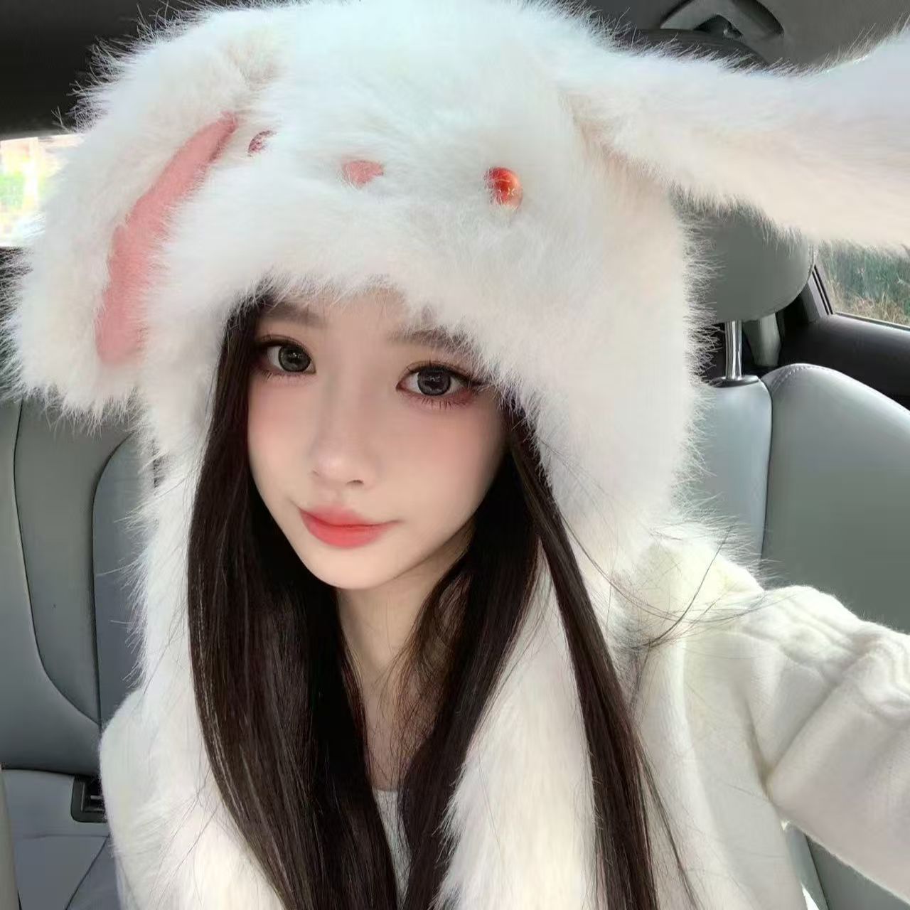 大耳朵兔耳朵会动毛绒帽子女冬季卡通护耳帽加厚保暖毛茸茸雷锋帽
