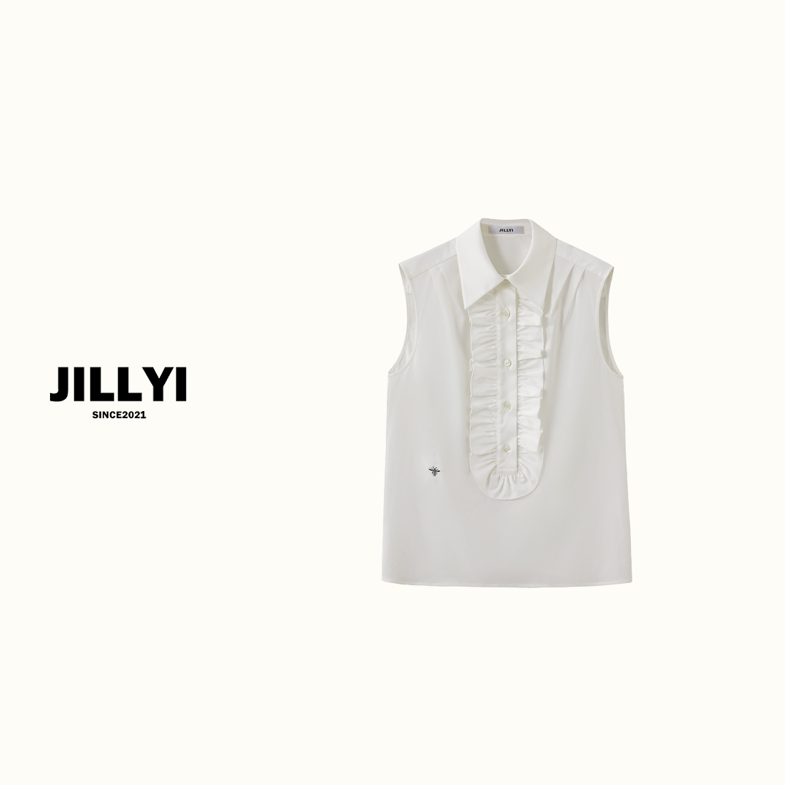 JILLYI南山店【夏日小镇】手工立体领无袖衬衫气质白色时尚休闲夏款
