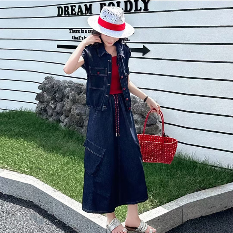 （女装）9859 洋气飞飞袖牛仔衬衣吊带背心高腰半身裙时尚三件套装
