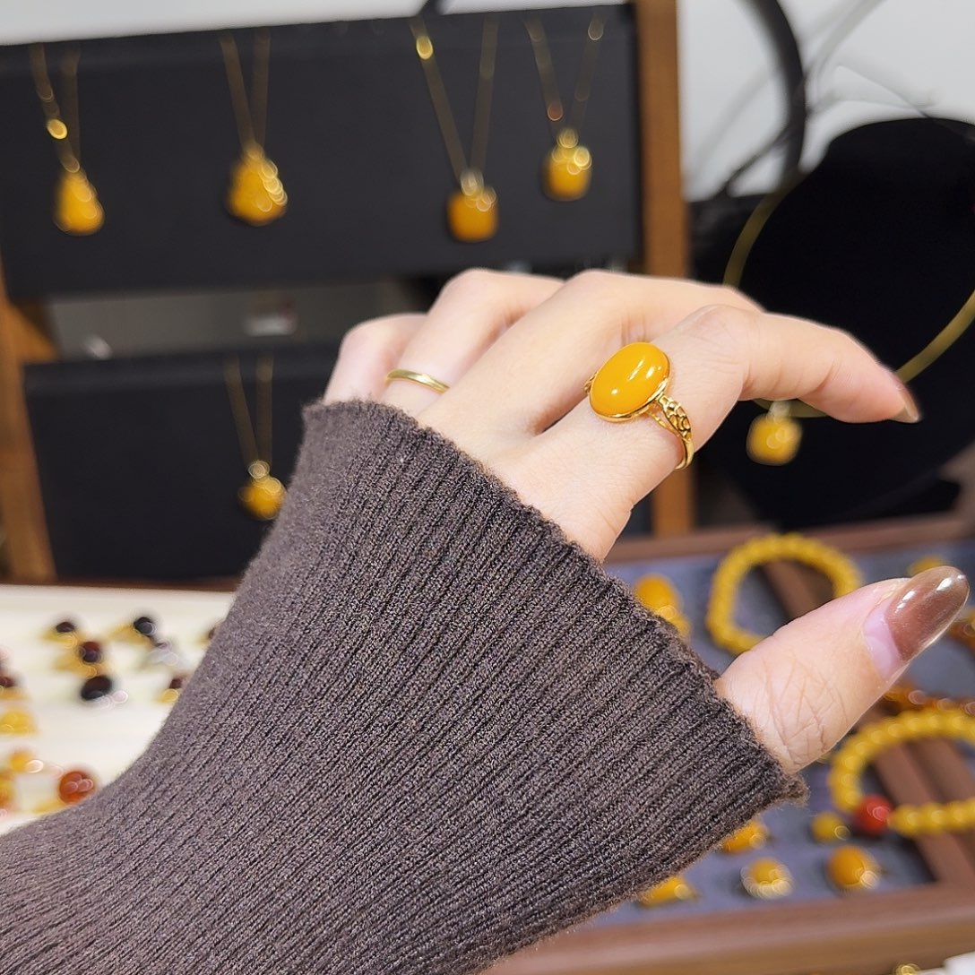 蜜蜡银S925镀金镶嵌戒指