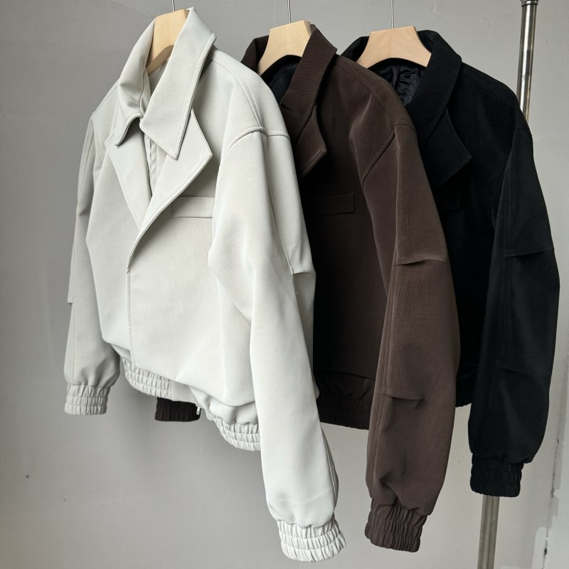 秋季新款假定制隐肌理拼接假两件翻领高级皮衣情侣外套