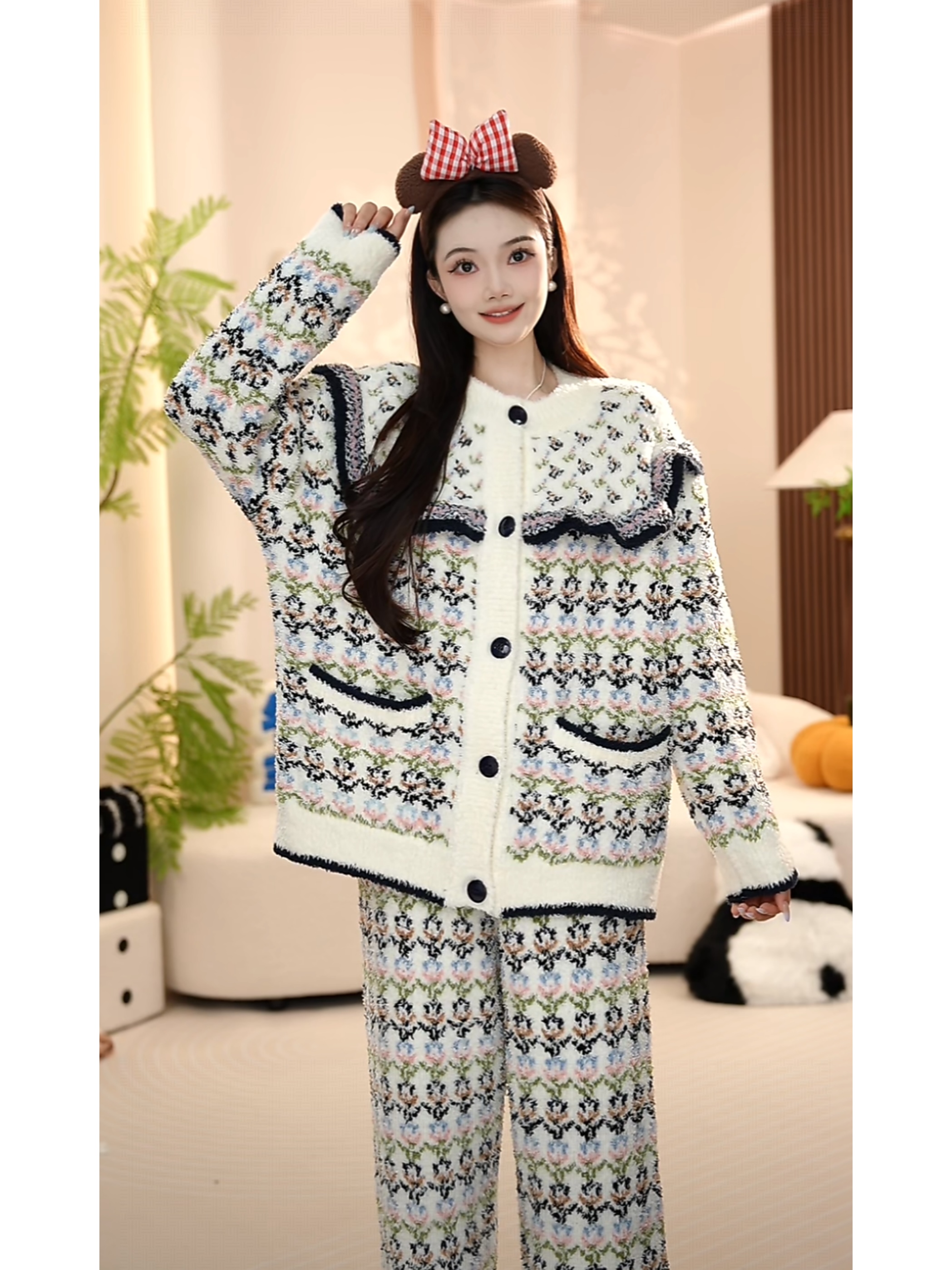 【花卉】费尔岛可外穿重磅半边绒时尚冬季家居服加绒加厚睡衣套装