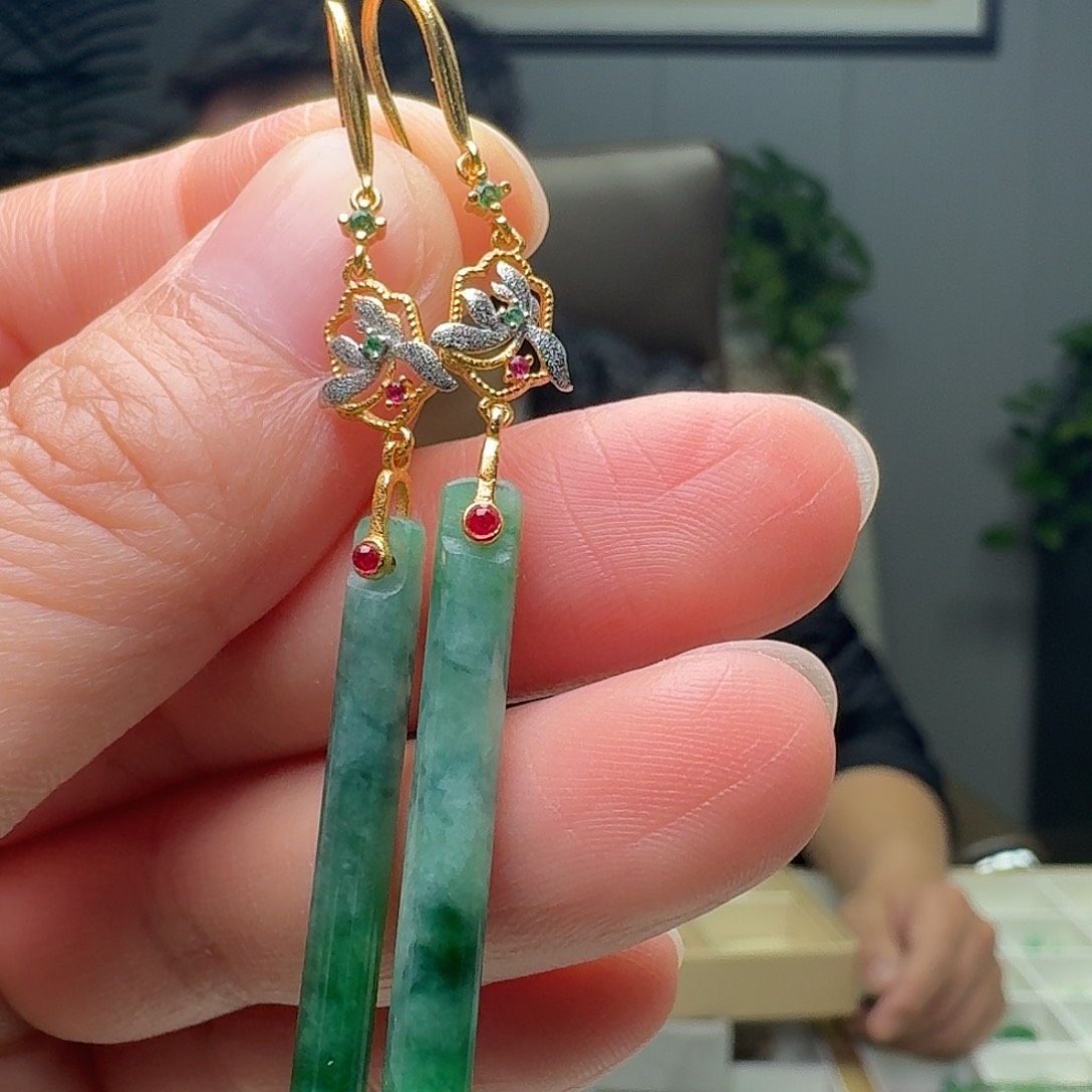 翡翠银S925镶嵌耳饰天然