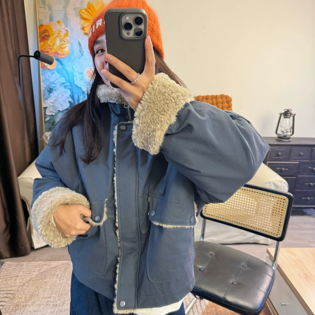 超好看值得买的外套！韩国代购类似羊羔毛大口袋工装短款宽松棉服