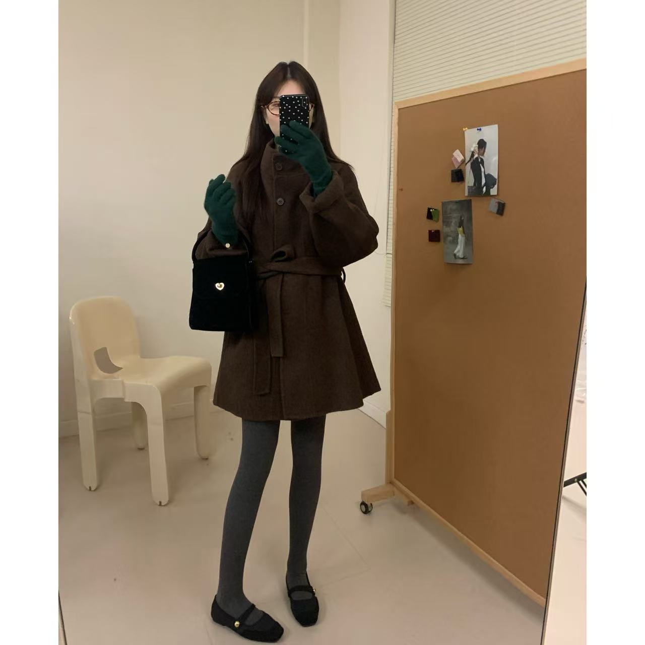 [小明专属]韩版气质显瘦立领系带双面呢大衣外套3003