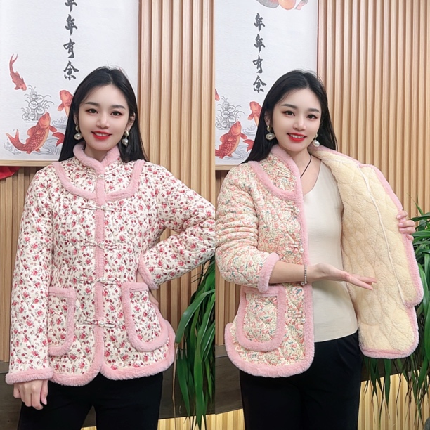 冬季新款妈妈装加绒加厚新中式盘扣棉袄中老年女装保暖棉服外套