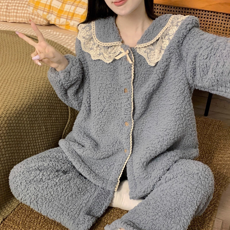 网红爆款2025新款秋冬季睡衣女士珊瑚绒加厚加绒羊羔绒家居服套装