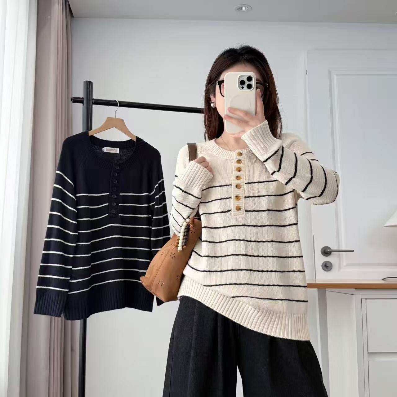 胖mm秋冬新款松弛慵懒风撞色条纹圆领针织衫女大码宽松百搭上衣