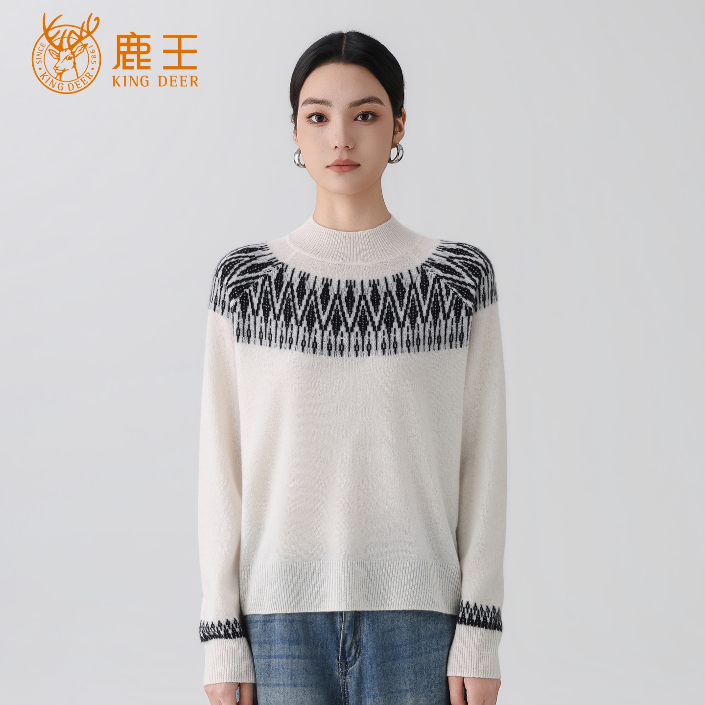鹿王25秋冬新款女半高领100山羊绒时尚提花针织套衫 RS872