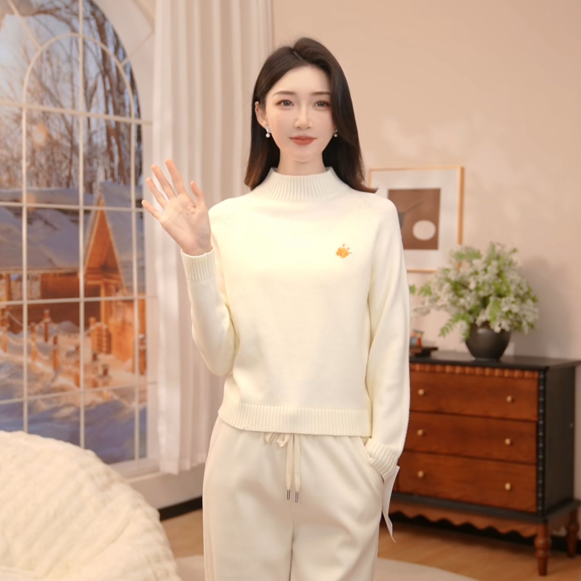 茵曼冬季圆领时尚百搭精美刺绣白色毛衣女款爆款2025新款洋气上衣