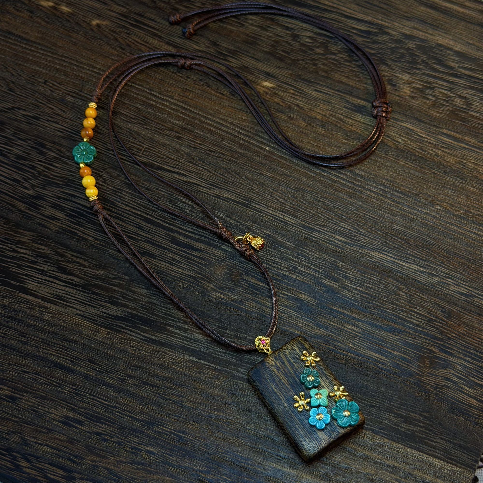 【Y】ZX203512棋楠沉香无事牌吊坠diy绿松石花花12J