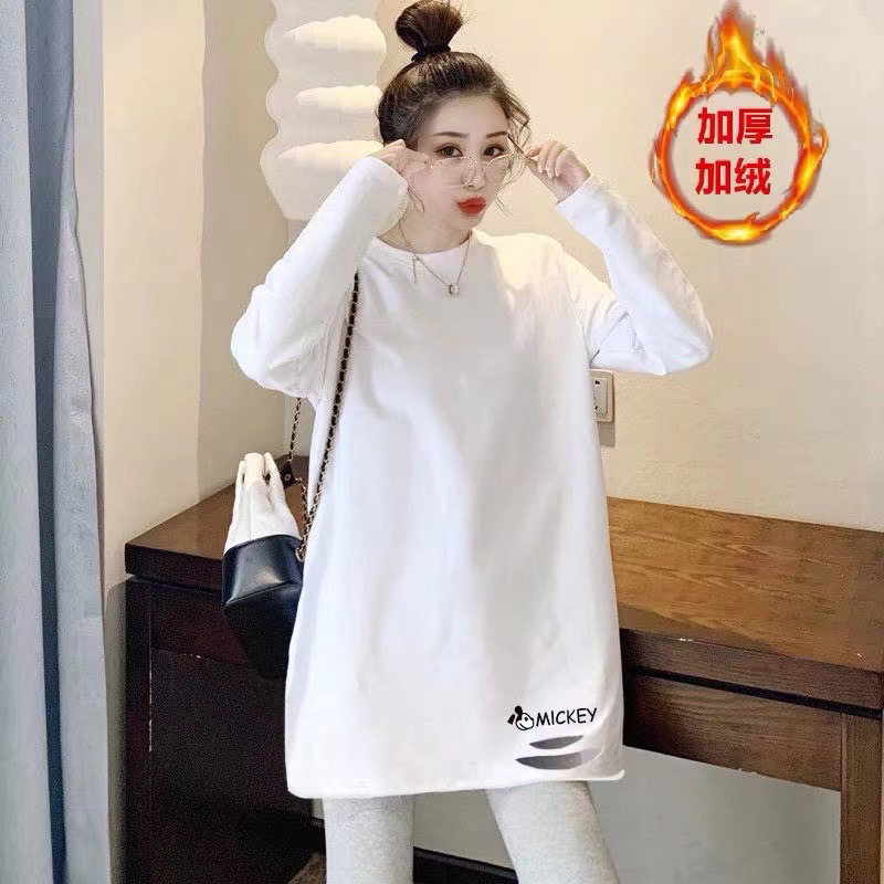 小个子改版秋冬加绒加厚字母刺绣休闲宽松长袖T恤米奇