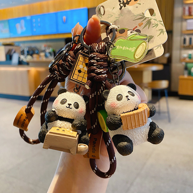 国风八雅毛流感熊猫钥匙扣可爱精致树脂公仔钥匙链包挂件