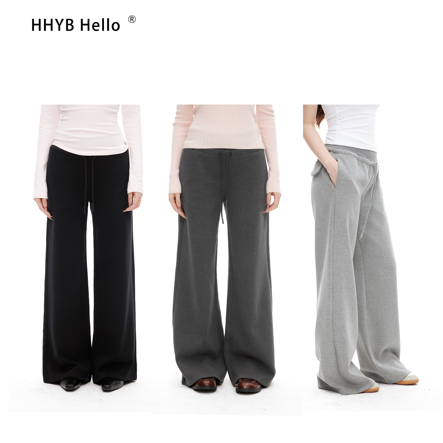 HHYB Hello内里磨毛宽腰头抽绳休闲卫裤拖地直筒拖地长裤Q244278