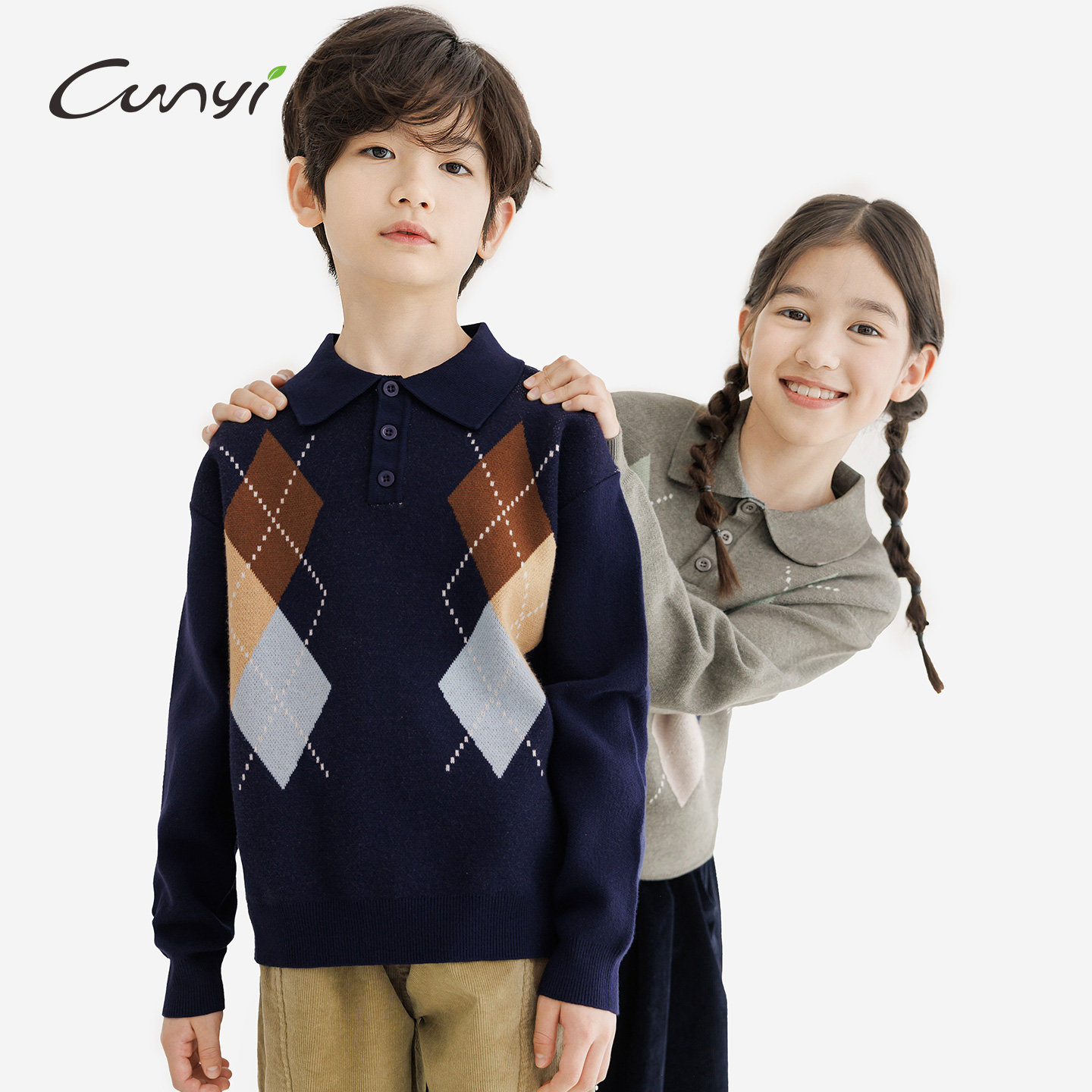 纯一良品童装儿童针织毛衣秋冬新品中大童学院风撞色翻领套头毛衫