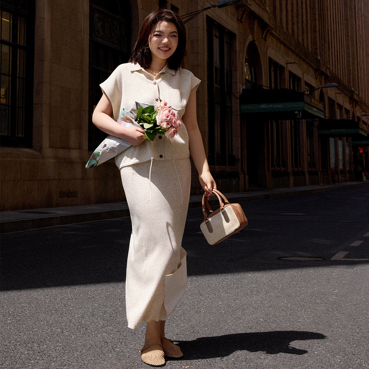 【折扣款】PLUSMALL 山茶栀意 亚麻莱赛尔混纺半裙PLUS2504204AB