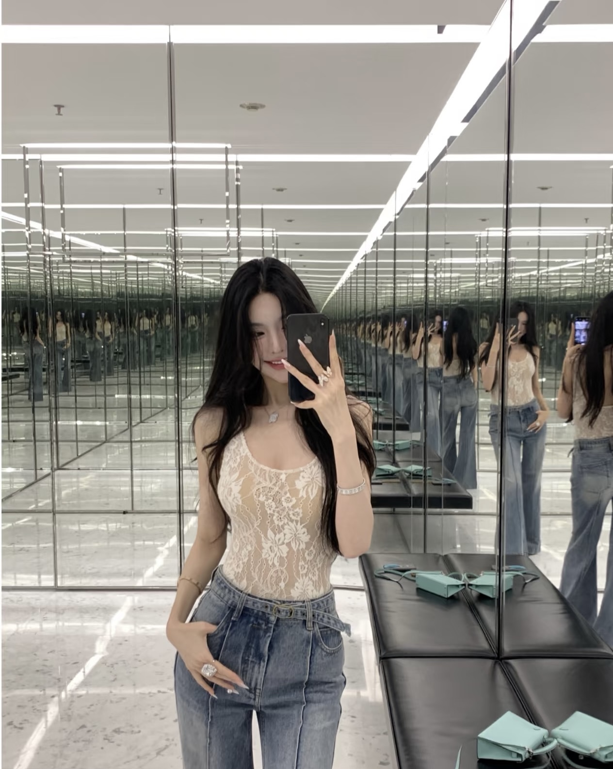 2025SS南油新款 蕾丝拼接双层纱网 网红背心 性感小众