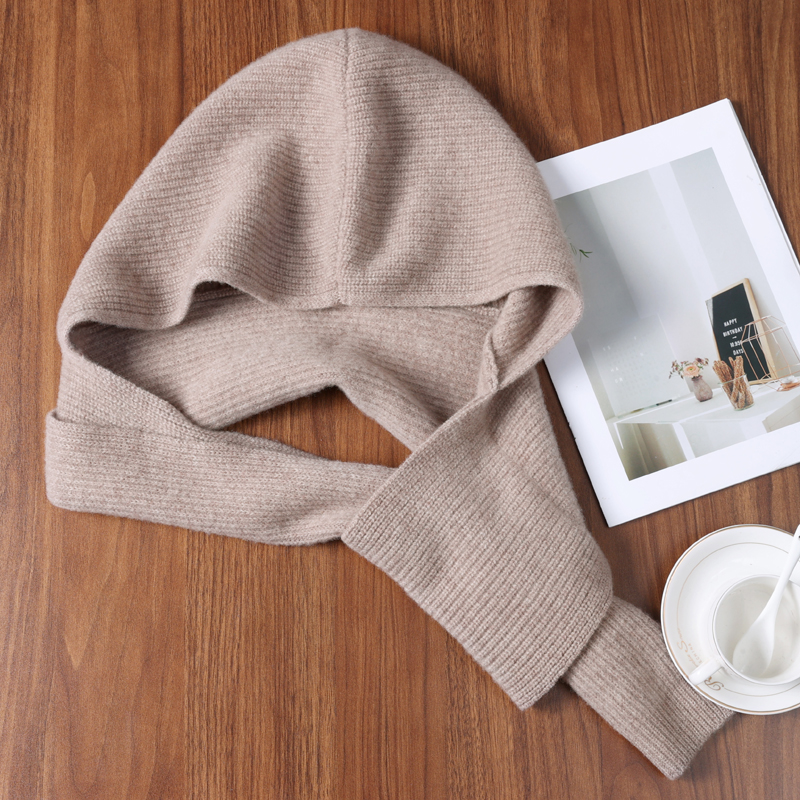 秋冬新款100羊毛针织穿孔围巾帽子一体加厚保暖防寒拉法帽时尚韩