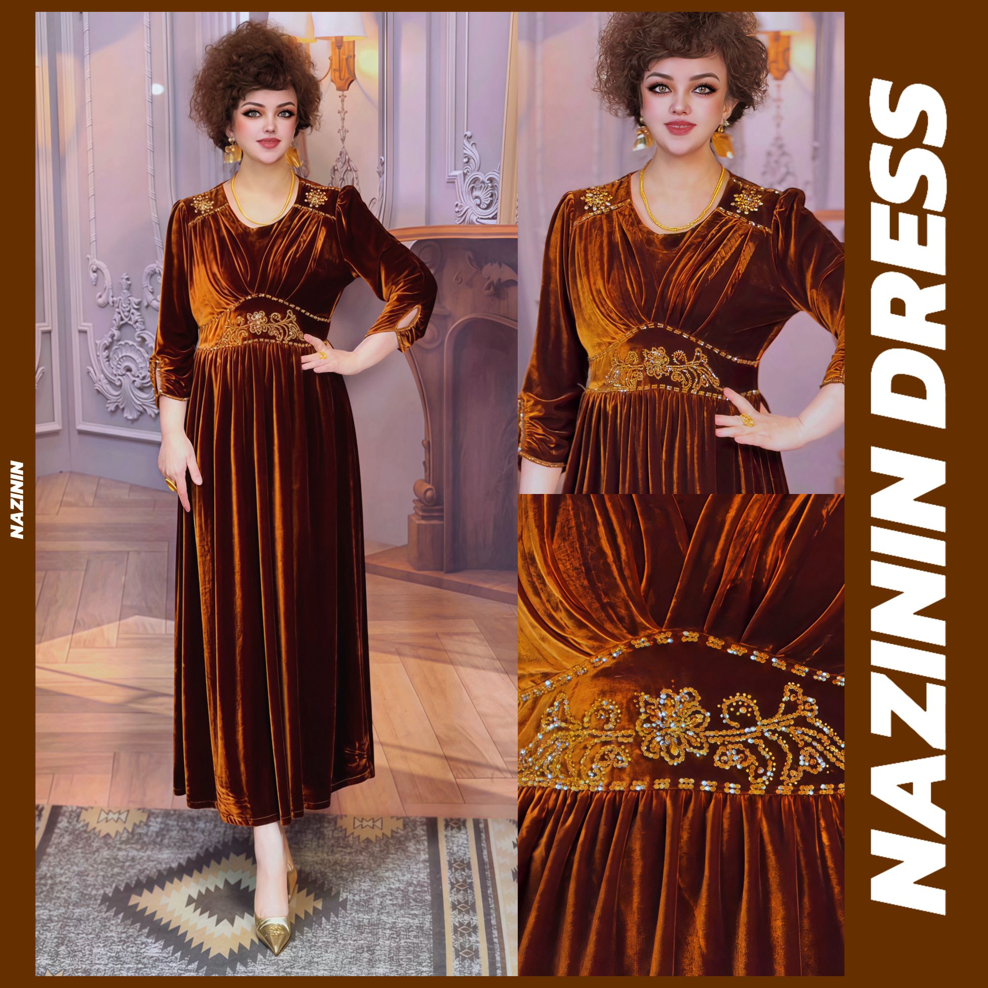 娜孜妮大码辣妈时尚女装｜高腰前者子圆领钻珠金丝绒裙子