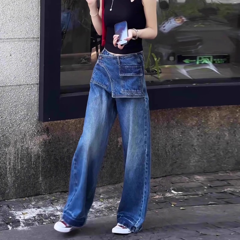 高腰阔腿大码牛仔裤女薄款2025夏季新款假两件薄款美式胖妹妹裤子
