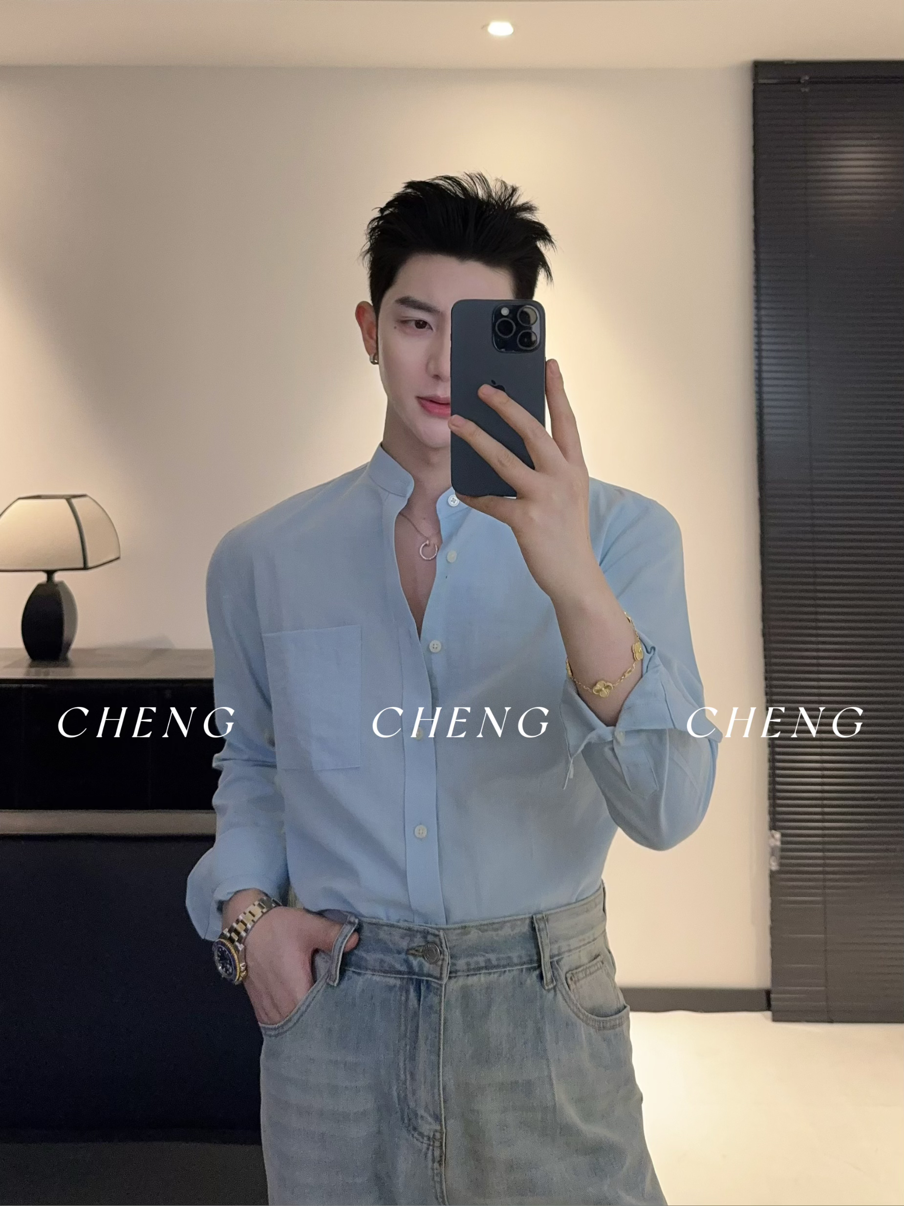 「程程的试衣间」麻棉新中式立领肌理感衬衣薄款压褶工艺百搭衬衫男