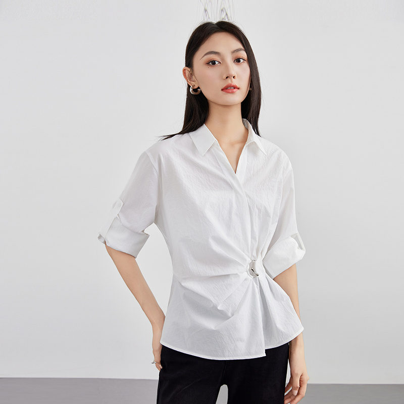 抽褶INS风3D拼接凉感抗皱女衬衫白色时尚小众朋克风YA25329C002