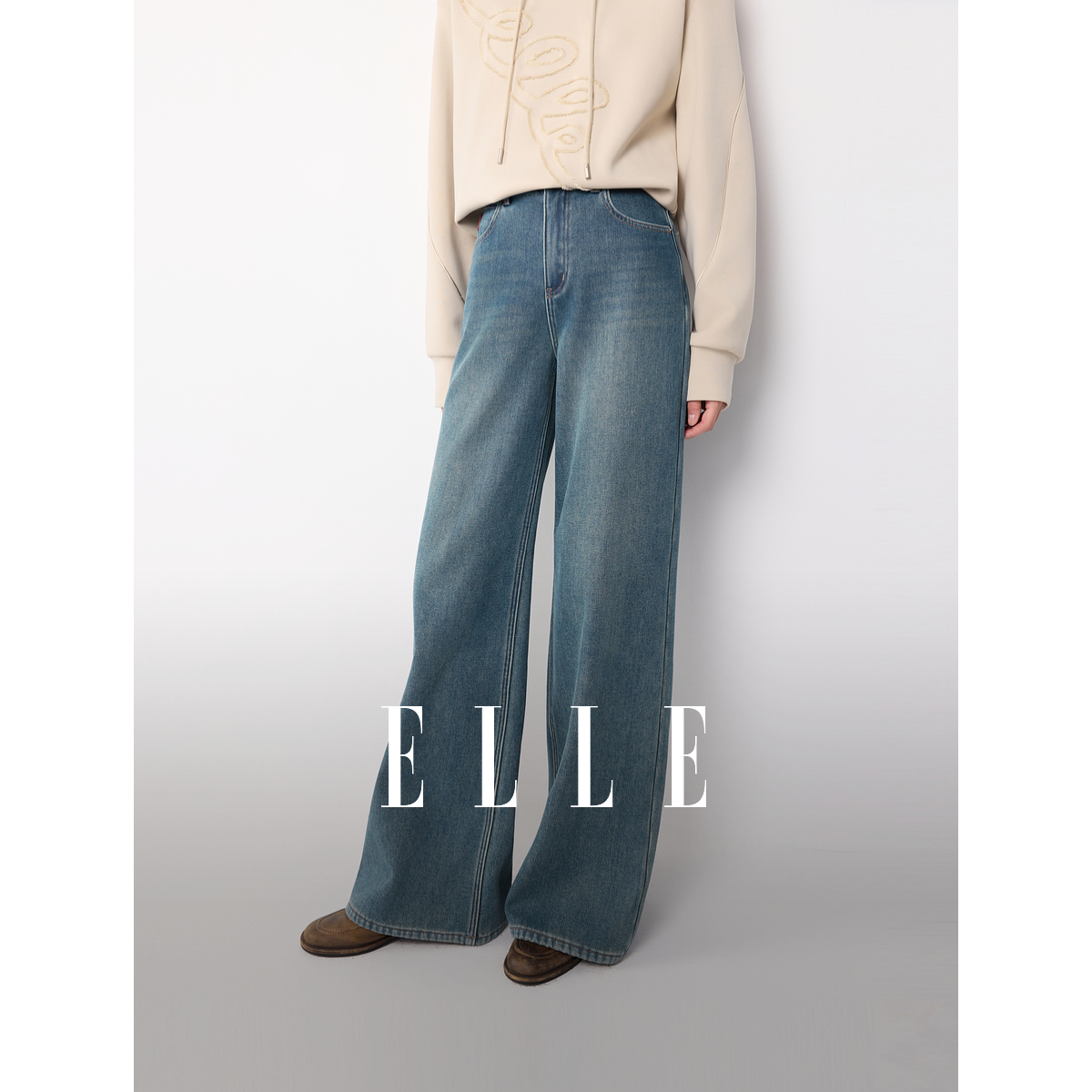ELLE女装复古牛仔裤2025冬新款宽松通勤高腰显瘦阔腿裤子EQ53314