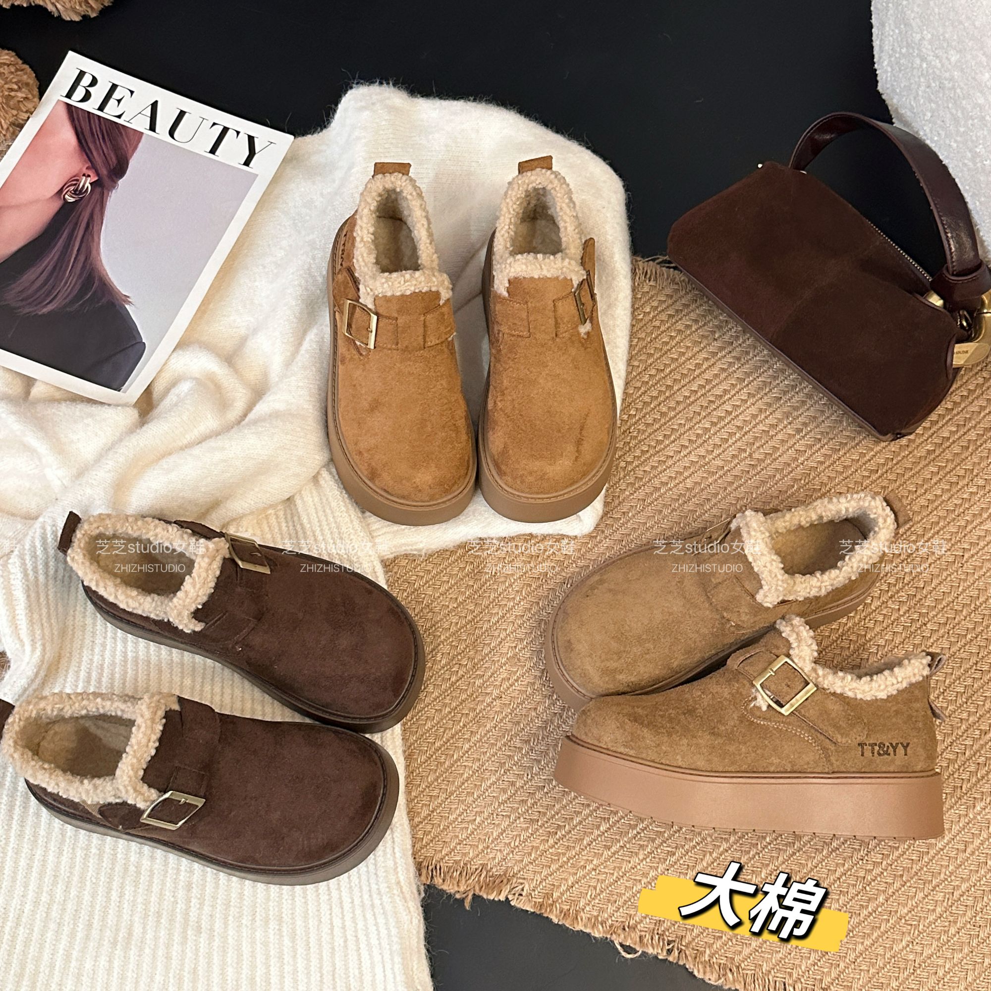 极简风冬季棉鞋纯色休闲风雪地靴复古港风日常休闲时尚百搭厚底