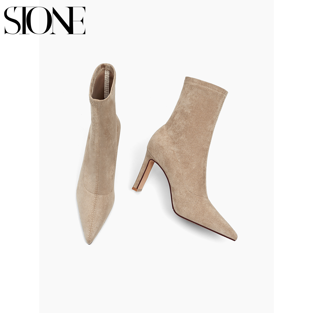 石头家绒面靴子女秋冬尖头高跟瘦瘦靴短靴女2025新款裸色弹力袜靴