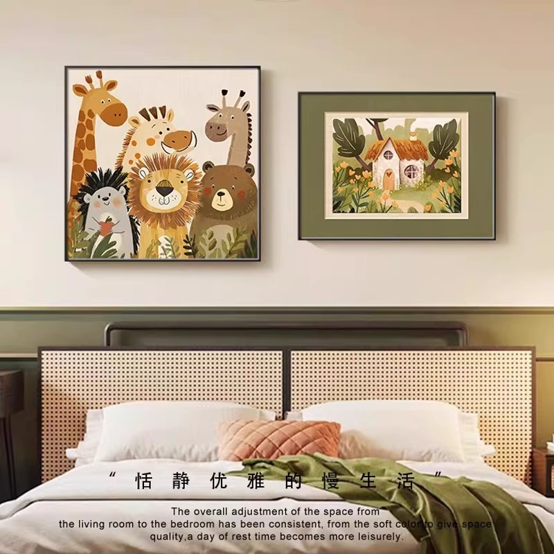 中古风卡通儿童房装饰画男孩卧室床头壁画2025新款客厅餐厅墙挂画