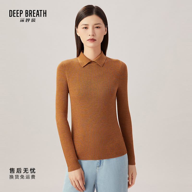 DEEP BREATH深呼吸女装简约小翻领竖坑条羊毛针织衫上衣女A301124