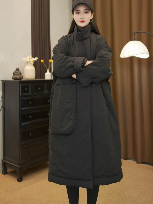 2025冬季新款立领大码长款宽松大口袋棉衣