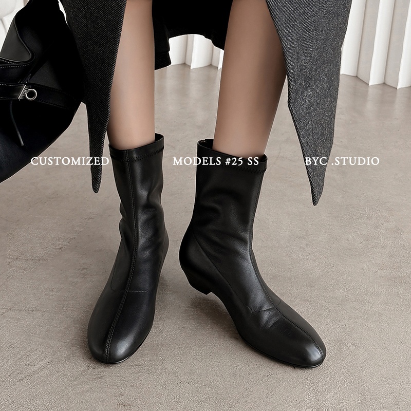 真皮女靴时尚秋冬裸靴圆头牛皮瘦瘦靴筒靴时装靴长靴子HM6935