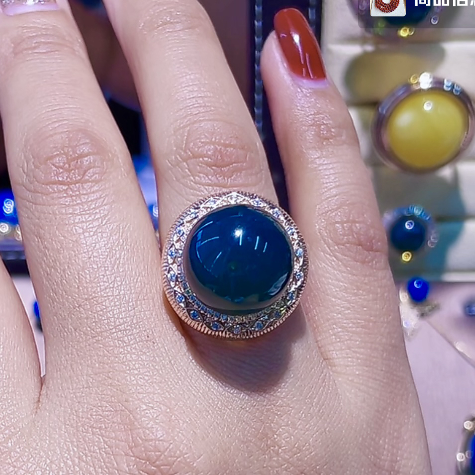 蓝珀圆珠戒指女款