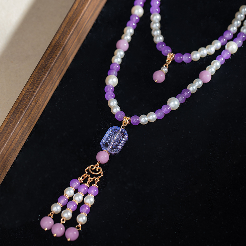 古风紫色短璎珞仙气花牌流苏汉服项链配饰