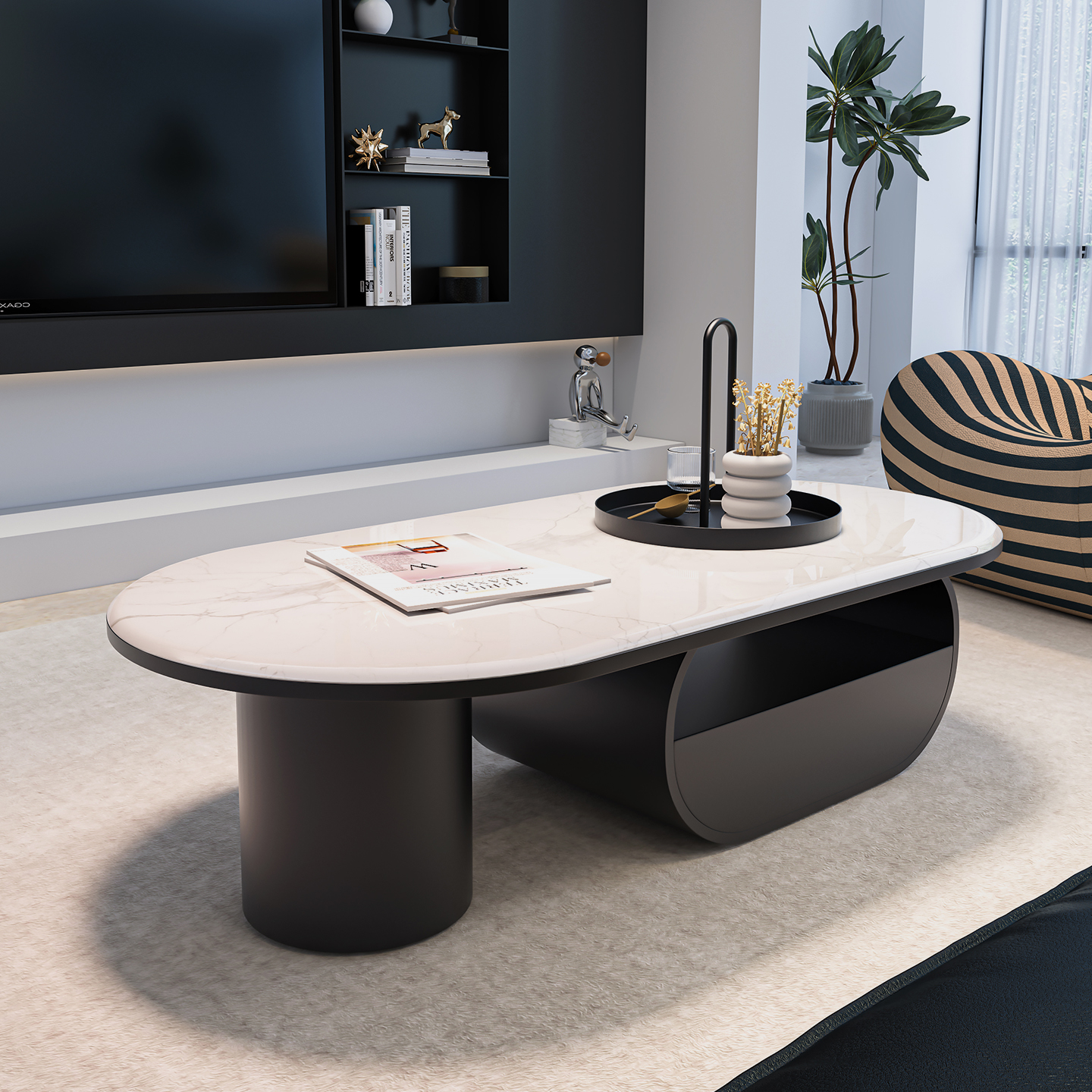 岩板茶几轻奢现代简约小户型客厅家用创意极简腰圆椭圆形高级感