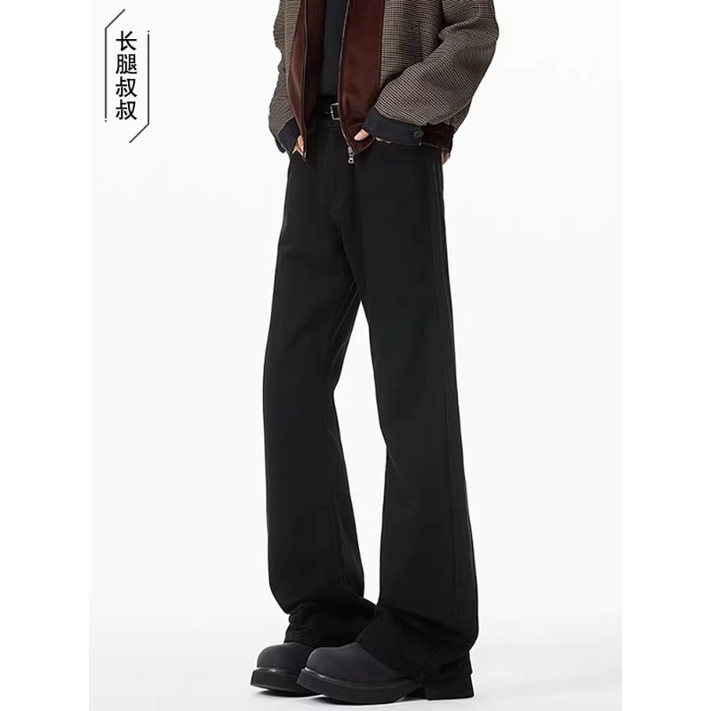 190高个子加长男裤秋冬季加绒加厚弯刀牛仔裤男黑色休闲微喇长裤