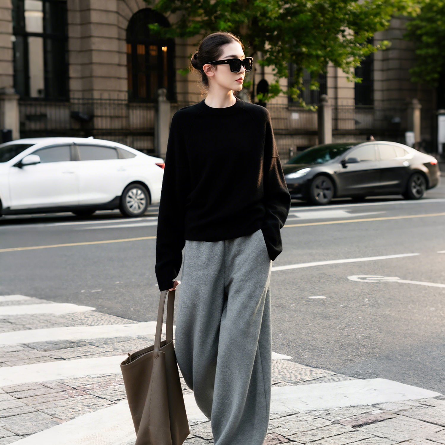 18针美丽诺羊毛圆领毛衣加设计感弯刀裤套装宽松休闲时尚毛衣裤子