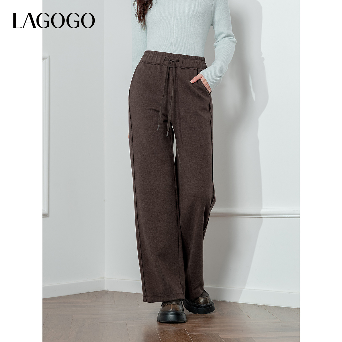 lagogo拉谷谷年新款松紧高腰舒适通勤休闲裤女NCKK53YA71
